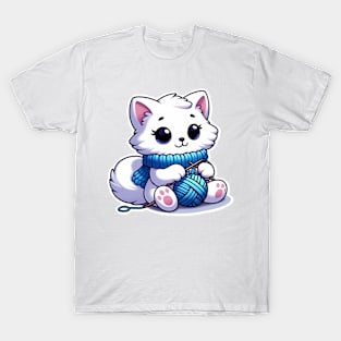 kitten knitting blue scarf T-Shirt